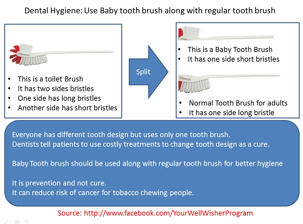 Dental Hygiene: Use Baby tooth brush along with regular tooth brush